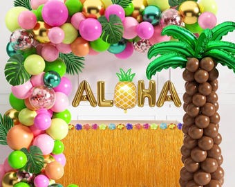 Tropical Luau Balloons Arch Garland Kit Luau Party Decorations with Palm Leaves Flamingo Palm Tree Aloha Foil Balloon Coconut Balloons Set