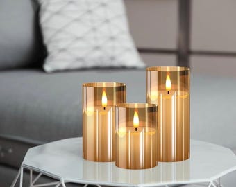 Da By Flammenlose LED-Kerzen, Golden, 2er Set, Mit 3 Dochten, Batteriebetrieben, Fernbedienung Und Timer – Sichere Dekoration Für Zuhause, Hochzeiten Und Partys