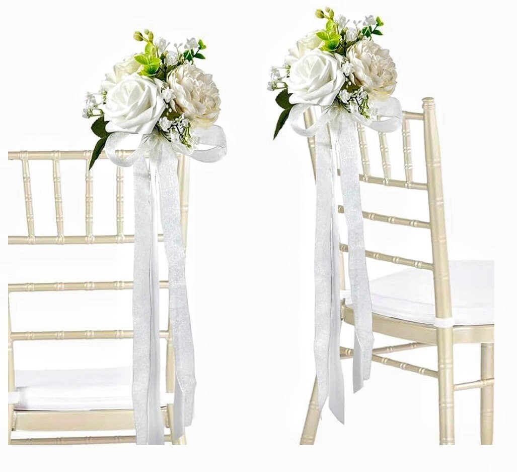 Juego de 6 decoraciones para sillas de pasillo de boda con flores  artificiales de eucalipto y cintas, arreglo floral para banco, para  decoración de sillas de ceremonia de boda - Etsy México, image size:1027x936