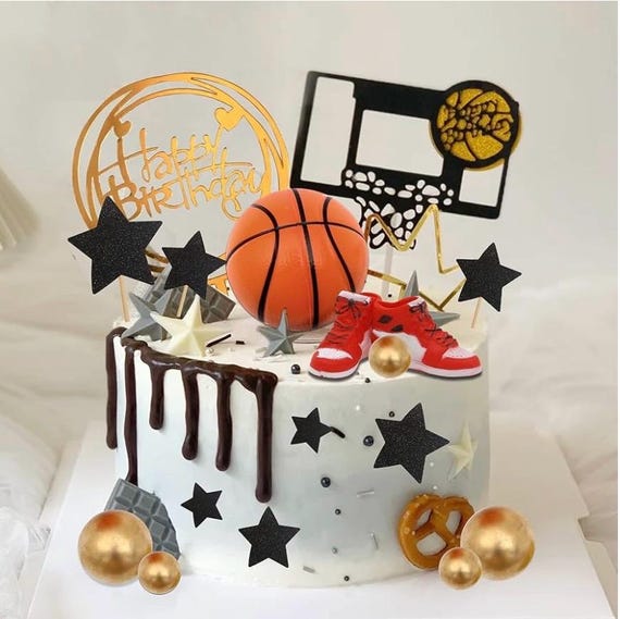 Basketball Cake Topper - Happy Birthday Basketball Theme Decorations For Cake, Party Supplies