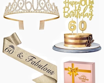 Decoração dourada para aniversário de 60 anos para mulheres, incluindo faixa e tiara de aniversário de 60 anos, topo de bolo de aniversário de 60 anos e velas com o número 60. Feliz 60º aniversário!
