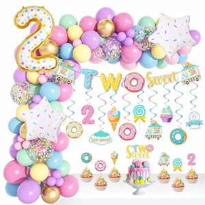 145 Pcs Two Sweet Birthday Decorations, Donut Birthday Party Supplies for Girls Two Sweet Banner Donut Balloon Garland Kit Cake Topper Swirl