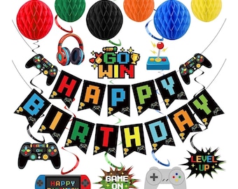 Video Game Birthday Decorations Game Theme Party Decorations Kit Includes Happy Birthday Gaming Banner Hanging Swirls Honeycomb Balls