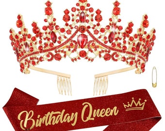 Red Tiara Crown Birthday Queen Sash Tiaras and Crowns for Women Girls Crystal Princess Tiara Rhinestone Headbands Crown Headpieces