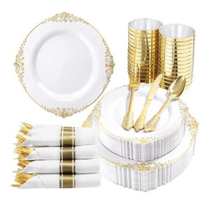 350PCS Gold Plastic Plates - Gold Plastic Dinnerware Sets for 50 Guests - 100 Disposable Plates,150 Silverware, 50 Cups, for Wedding & Party