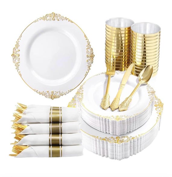 350 STÜCKE Gold Kunststoff Teller - Gold Kunststoff Geschirr Sets für 50 Gäste - 100 Einwegteller, 150 Besteck, 50 Tassen, für Hochzeit & Party