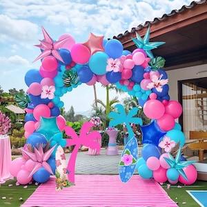 Blue and Pink Balloon Garland Arch Kit 135Pcs with five-pointe Star balloons for summer aloha Baby shower Gender reveal Hawaii cartoon Decor