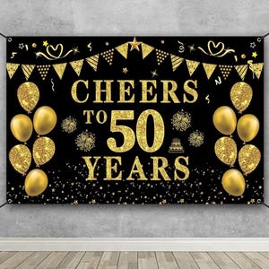 50th Birthday/Anniversary/Wedding Decorations for Women Men, Cheers to 50 Years Banner, Black and Gold 50th Birthday Backdrop, 50 Bday Decor
