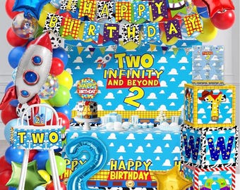 Zwei Infinity und Darüber hinaus Geburtstag Dekorationen Cartoon Geschichte 2. Geburtstag Party Zubehör Inklusive Ballon Bogen Banner Hintergrund Tischdecke Krone