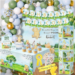 Kit de 154 decoraciones para baby shower de Winnie the Pooh, suministros vintage para fiestas de Winnie the Pooh, todo en 1: guirnalda de globos y arco de fondo.