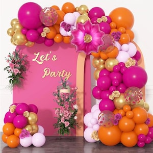 Kit de 175 guirnaldas de globos en arco de color rosa intenso y naranja, decoraciones de fiesta en rosa y naranja con globos dorados y flores de aluminio para bodas de mujeres