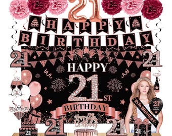 42PCS 21st Birthday Decorations Kit for Girls Women, Rose Gold Happy 21st Bday Banner Balloon Honeycomb Centerpiece Swirl Paper Pompom Party