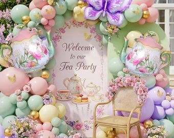 Teeparty-Dekorationsset, 154-teilig, mit Ballonbogen, Girlande, pastellrosa, gelben und grünen Ballons, Teekanne und Schmetterlingsfolienballon