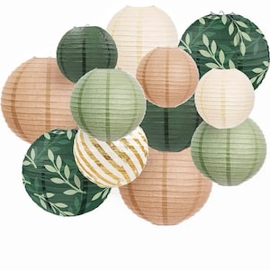 May include: A set of 12 paper lanterns in various shades of green, beige, and white. Some lanterns feature a leaf pattern, while others have a striped pattern. The lanterns are perfect for adding a touch of elegance to any event.