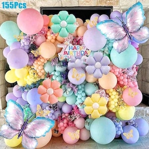Daisy Butterfly Balloon Garland Arch Kit with Pastel Macarone Pink Green Yellow Purple Latex Balloons