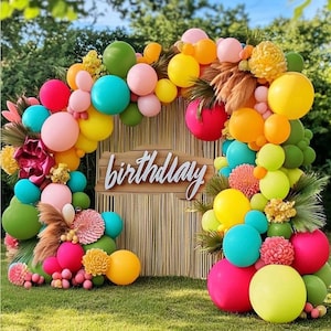 Tropical Balloons Arch - Pink and Green Balloons Orange Gold Balloons Pastel Yellow Balloon Garland Teal Balloons For Flamingo Beach Hawaiia