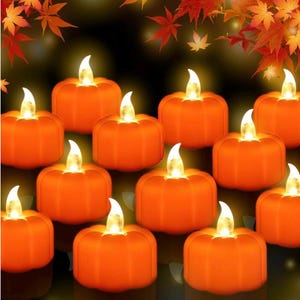 Herbstdekoration für Zuhause Kürbis-Teelichter, 12er-Pack LED-orange Kürbislichter Flammenlose Kerzen Batteriebetrieben, Halloween Thanksgiving