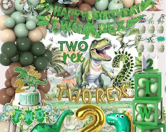 Två Rex födelsedagsdekorationer pojke, dinosaurie 2-års födelsedagsfest dekorationer pojkar, 2 Rex dinosaurie dinosaurie festdekorationer bakgrund ballonglåda