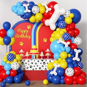 152pcs Paw Print Balloons Garland Arch Kit - Paw Themed Dog Bone Foil Balloons in Royal Blue, Yellow, Red for Baby Shower