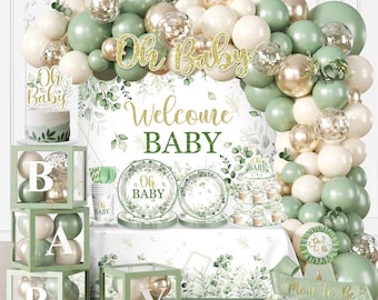 286 Pcs Sage Green Baby Shower Decorations Set-Serves 25 Guests -All-in-One Gender Neutral Party Supplies Kit Includes Balloon Arch,Backdrop