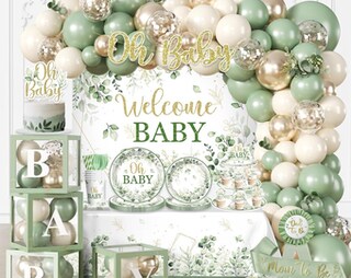120 Coriandoli Per Baby Shower A Tema Foresta - Oro, Avorio, Verde Salvia Con Foglie E Scritta Baby