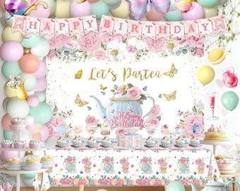 126pcs Tea Party Decorations Kit, Let's Partea Birthday Party Decorations, Floral Par Tea Supplies Backdrop Tablecloth Balloon Garland Arch