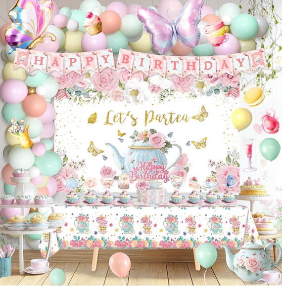 Kit di decorazioni per il Tea Party da 126 pezzi, decorazioni per la festa di compleanno Let's Partea, decorazioni floreali per il Tea Party, tovaglia, ghirlanda di palloncini, arco - Italia