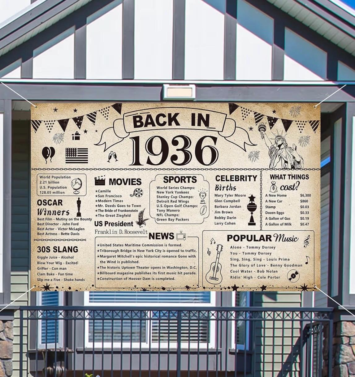Back In 1936 90th Birthday Party Decorations, Vintage Back in 1936 Banner 90 Year ...