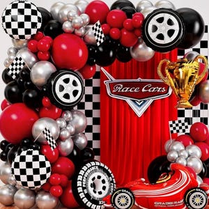 Race Car Balloon Arch Kit with BONUS Trophy & Number 2 - Cars Balloon Garland Kit for Lightning McQueen Cars 2 Birthday Hot Wheels Balloons