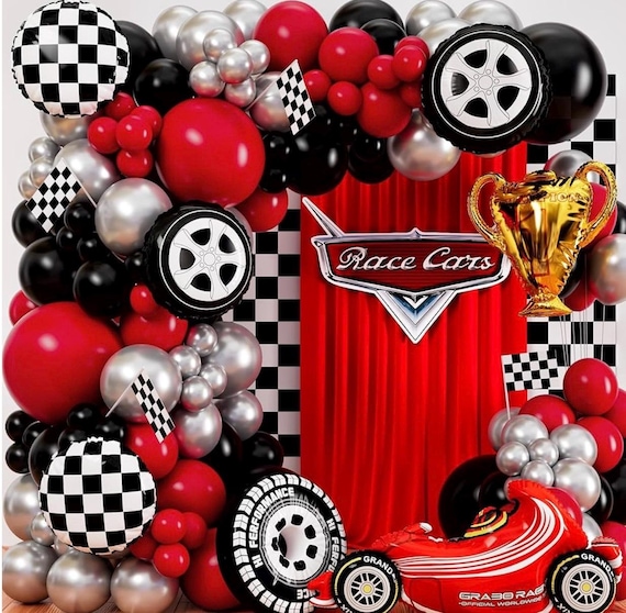 150 / 151pcs Matte Rouge Noir Jaune Race Car Thème Ballons Arch Garland Kit Bébé Garçon Anniversaire Fête Décoration Pneu Ballon Racing Flag Décor - France
