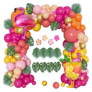Tropical Balloons Arch Garland Kit 178 pcs , Luau Tropical Party Decorations with Aloha Pineapple Coconut Hot Pink Orange Balloons & Leaves