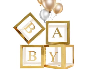 Baby Boxes with Letters for Baby Shower, 4 Clear Baby Block Party Decorations, Transparent Balloon Boxes for Gender Reveal Decorations