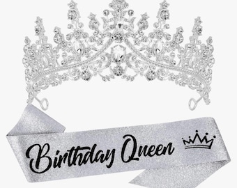 Hairband Tiara Crowns for Women Girls 2 Pieces Crystal Birthday Queen Headband Sash Elegant Princess Crown Happy Birthday Party Decorations
