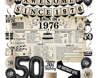 Decoraciones vintage para el 50 cumpleaños de hombres, artículos para fiestas de 1976, pancarta de póster vintage de 1976, banda de rey del 50 cumpleaños, adorno para pastel del 50 cumpleaños.
