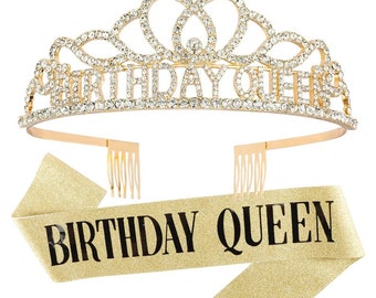 Coronas de cumpleaños doradas para mujeres Banda y tiara de reina de cumpleaños para mujeres Decoraciones de fiesta de cumpleaños doradas para mujeres Banda y corona de cumpleaños