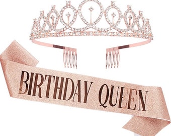 Birthday Crown and Sash for Women Birthday Queen Sash & Rhinestone Tiara Set and Sashes for Decorations Rose Gold Birthday Queen