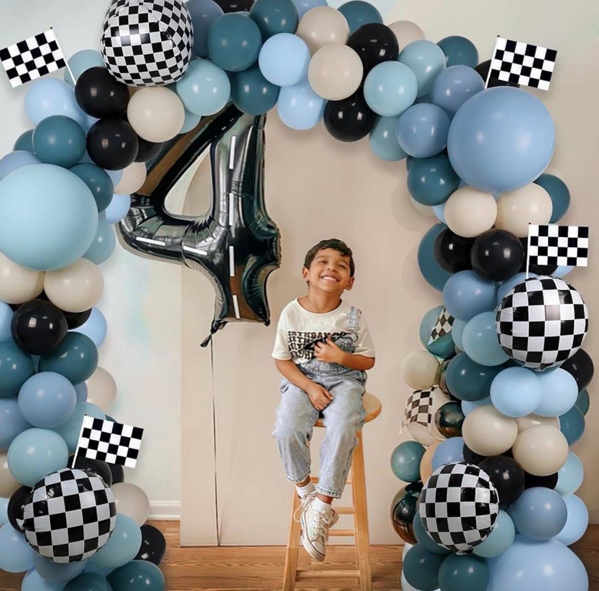 Race Balloon Garland Arch Kit, Dusty Blue Black Balloons With Checkered ...
