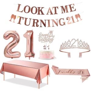 21st Birthday Decorations for her, Pink Rose Gold Birthday Decor for Girls, Rose Gold  Banner,Sash and Tiara, 21 Year Old Birthday Party
