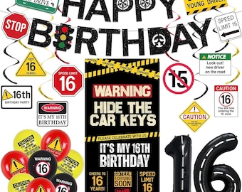 16th Birthday Decorations Boys Girls, Hide The Car Keys Happy 16th Birthday Banner Backdrop Balloons Hanging Swirls, Caution Logo Themed 16