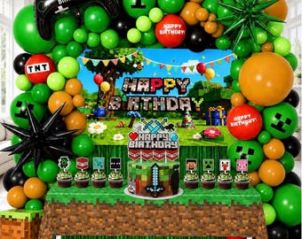 Decoraciones para fiesta de cumpleaños con temática de juegos pixelados, kit de artículos para fiesta temática "Game On" para niños y niñas: 131 globos, telón de fondo y cortina.