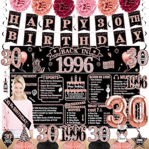 女性のための30歳の誕生日デコレーション、1996年バナーバルーンパーティー用品21個、ローズゴールドの30歳の誕生日背景、30歳の誕生日サッシュ