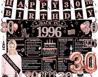 30th Birthday Decorations for Women,21pcs the Year 1996 Banner Balloon Party Supplies, Rose Gold 30 Year Old Birthday Backdrop, 30 Bday Sash