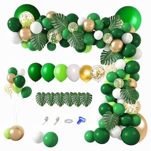 163Pcs Jungle Party Balloons Garland Arch Kit, Gold Green Balloons Dinosaur Party Decoration with Palm Leaves for Safari Animal Wild One