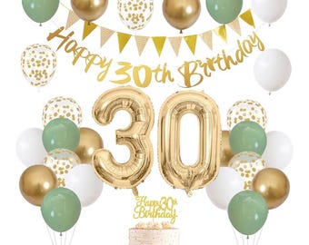 30th Birthday Decorations for Women Men,Happy Banner With Cake Topper Number 30 Foil Balloon, Sage Green White Gold Balloons for 30 Year Old