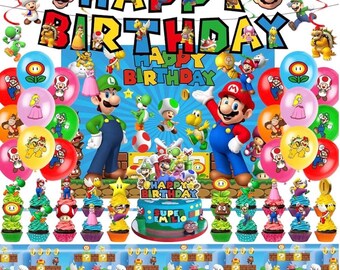 Mario Birthday Party Supplies, Party Decorations Set Include Banner, Backdrop, Balloons, Hanging Swirls, Cake Cupcake Toppers, Tablecloth …