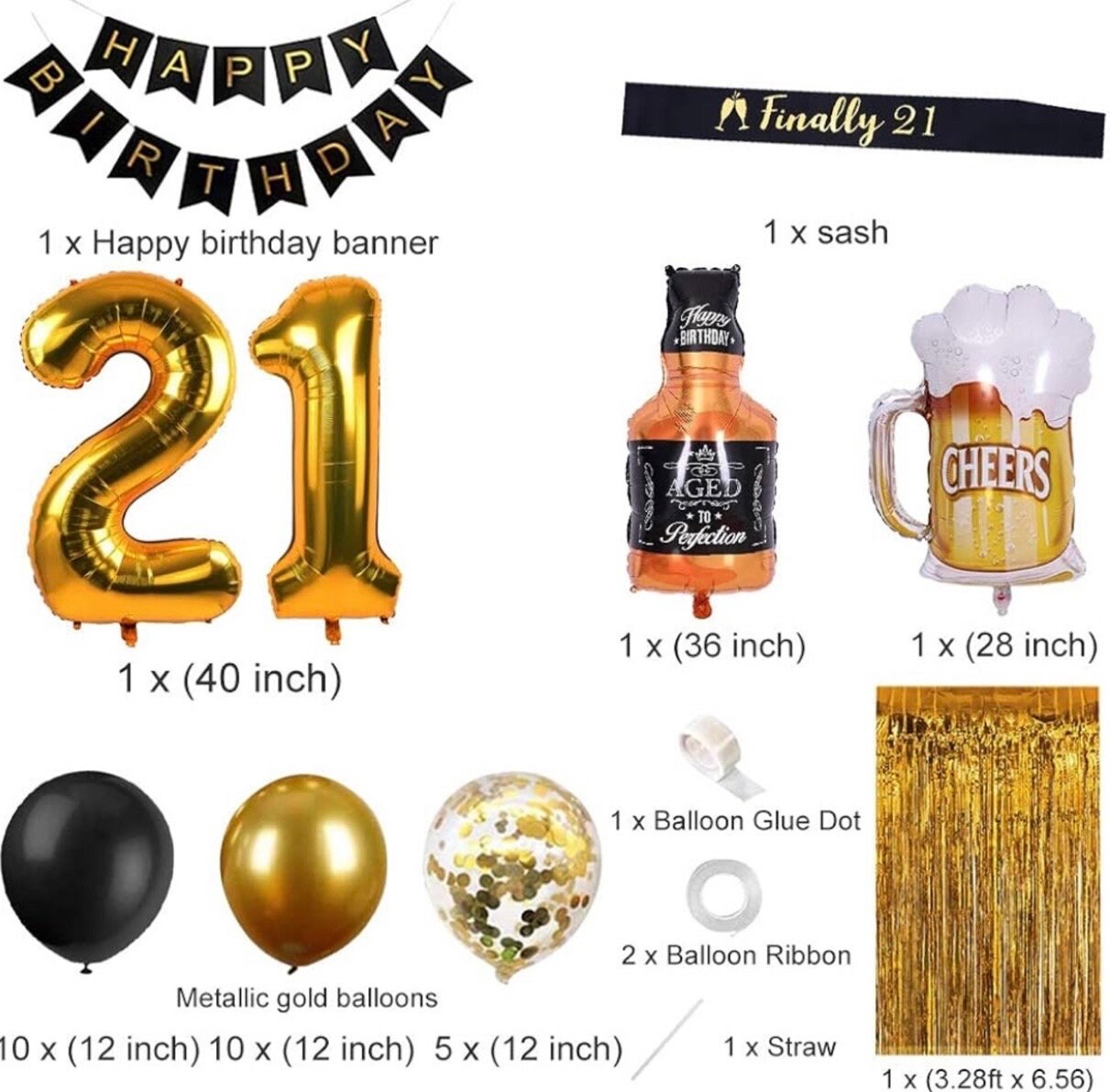 21st Birthday Tablecloth - 53x98 Inches, Black & Gold Glitter, Plastic, Waterproof For Party Decor