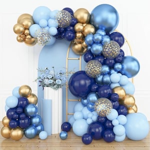 153pcs Navy Blue Gold Balloon Garland Arch Kit, Different Sizes 18 12 10 5 inch Pastel Blue Latex Metallic Confetti Balloons for Graduation