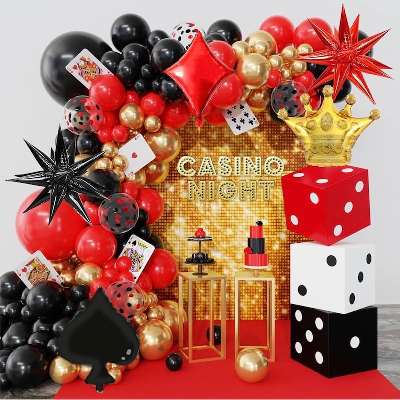 Round Red Gold Poker Casino Night Backdrop For Party