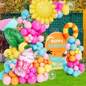 Tropical Balloon Arch Garland Kit, Luau Hawaiian Party Decorations, Rose Orange Yellow Blue Green Palm Leaves Balloons for Tropical Hawaiian