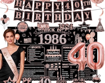 Decoraciones para el 40 cumpleaños de mujeres, oro rosa 1986, decoraciones de feliz 40 cumpleaños, decoración de 40 años que incluye pancarta, telón de fondo y globos.